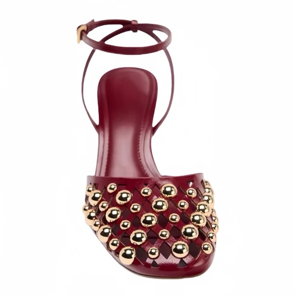 ZARA • Burgundy Woven Studded Heels - Picture 4 of 8